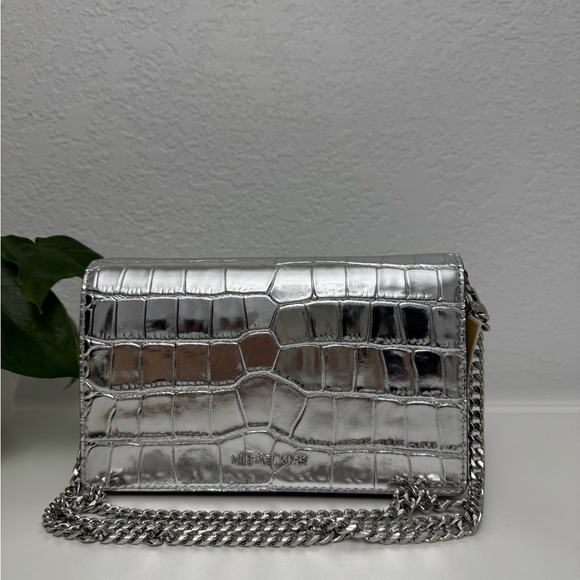 Michael Kors Metallic Silver Croc-Embossed Clutch - Picture 1 of 9